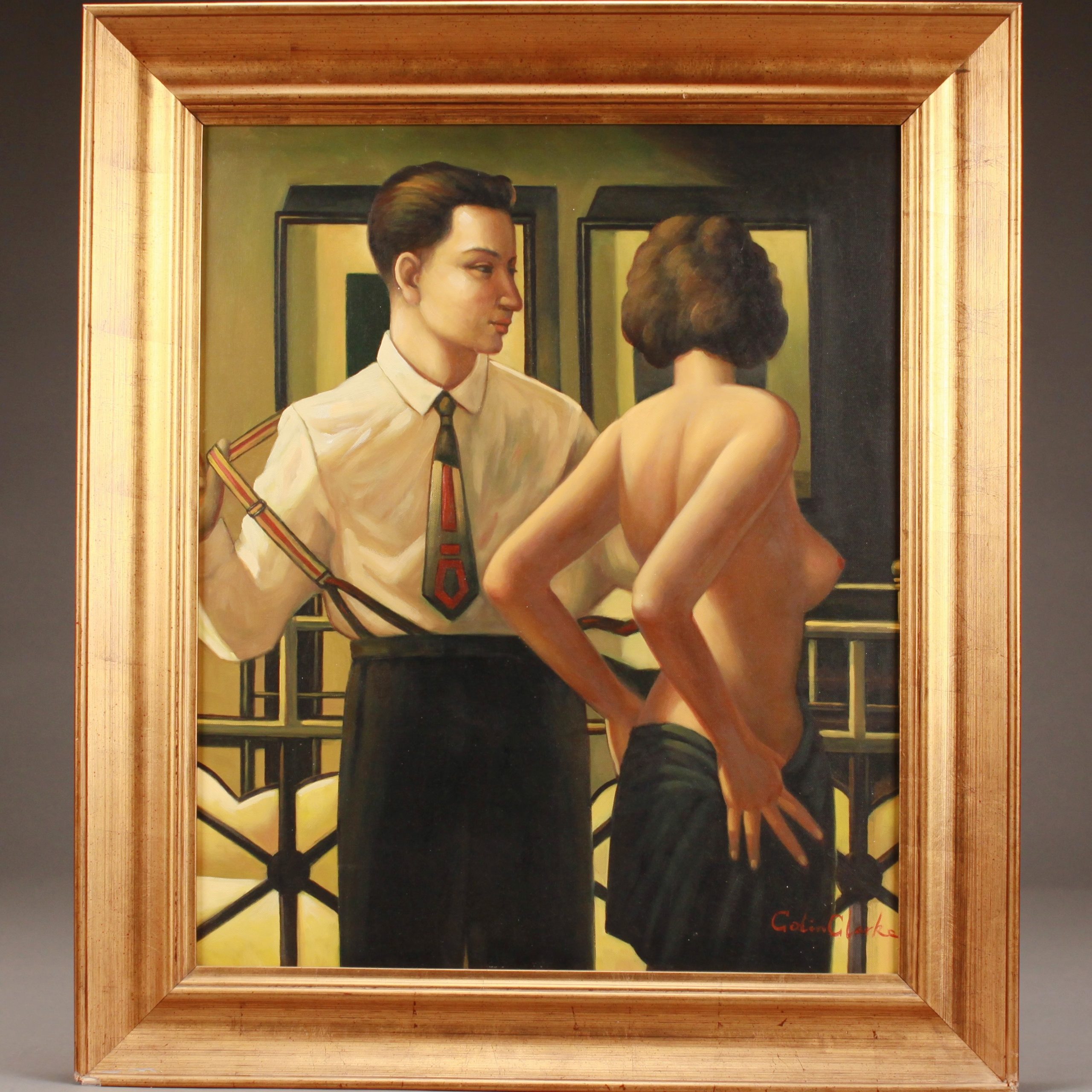 LOT 259 – COLIN CLARKE, MAN AND WOMAN UNDRESSING, OIL ON CANVAS, SIGNED,  LOWER RIGHT, FRAMED, 24 X 20