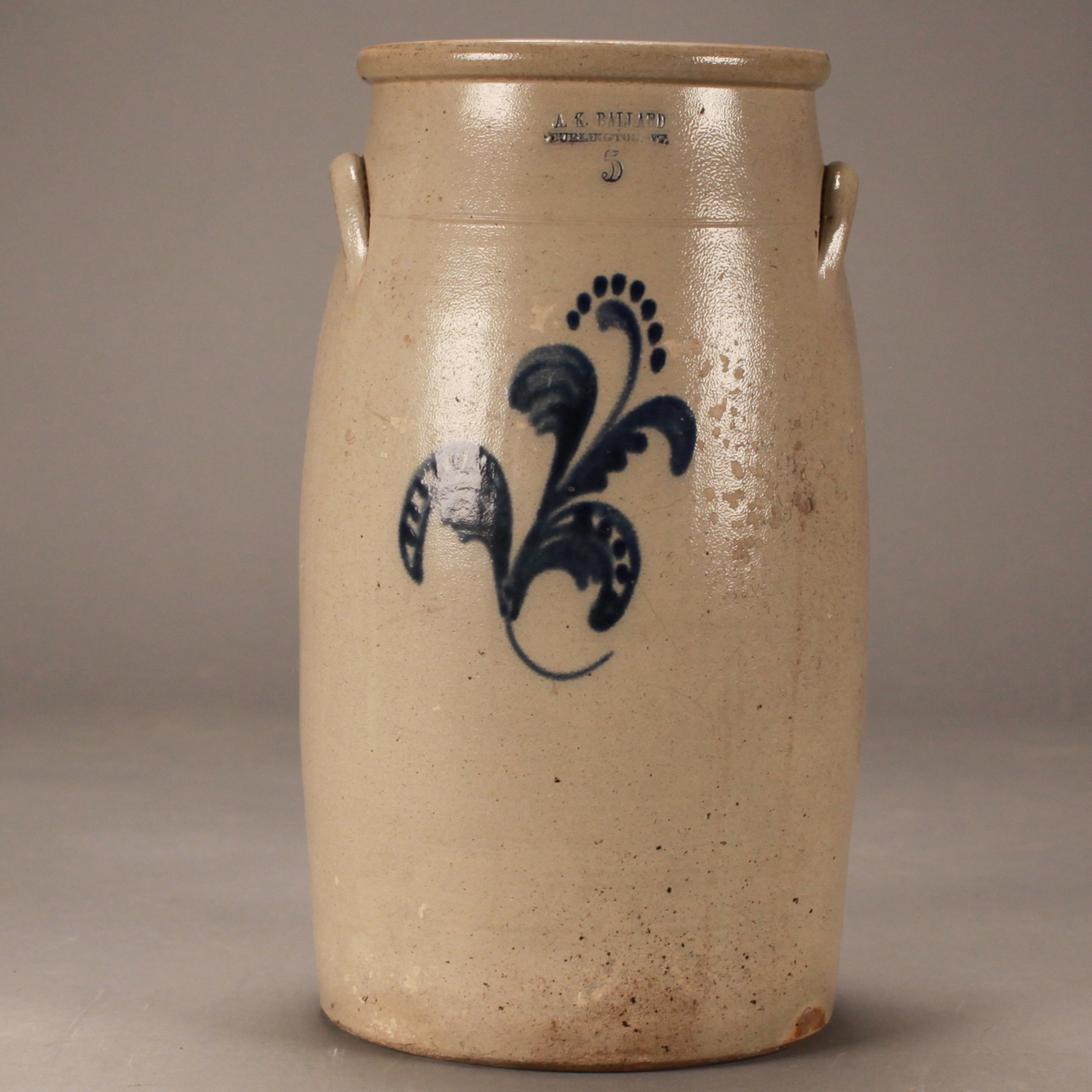 Lot Five Gallon Stoneware Butter Churn Marked A K Ballard Burlington Vt With Floral Spray