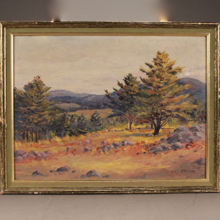 LOT 353 BESSIE T. CRAM, LANDSCAPE WITH TREES AND STONE WALL, OIL ON ...