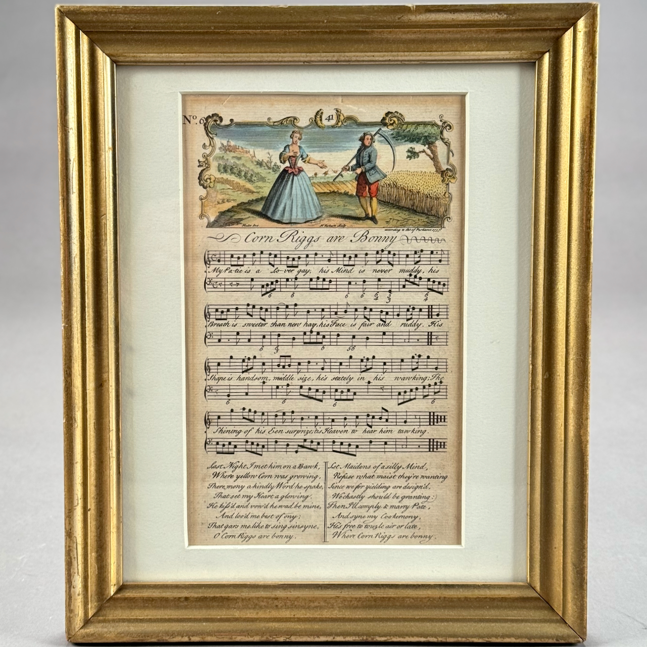 Corn Riggs Notes LOT 278 FRAMED MUSIC PAGE, “CORN RIGGS ARE BONNY”, ENGRAVING WITH ...