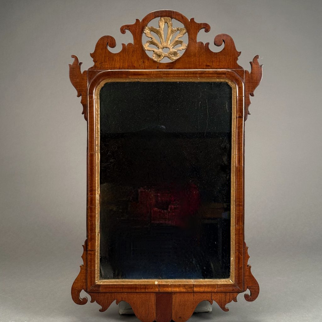 Repousse Boards LOT 026 CHIPPENDALE MAHOGANY MIRROR WITH PIERCED GILT CREST. 28″(H), 17 ...