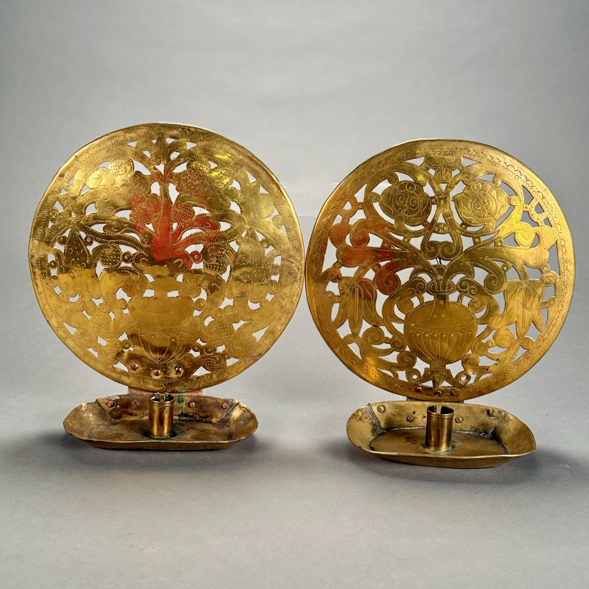 Single Candel Pattern LOT 056 PAIR OF ANTIQUE ENGRAVED DECORATED BRASS WALL SCONCES WITH ...